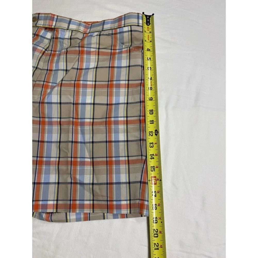 Vtg 70s Higgins Slacks Mens Plaid Shorts Orange Blue Cream USA Made Retro Golf